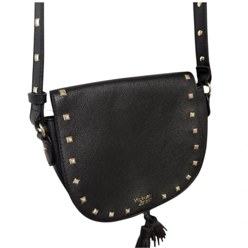 Victoria’s Secret Studded Black Crossbody Tassel fx leather Bag Adjustable Strap